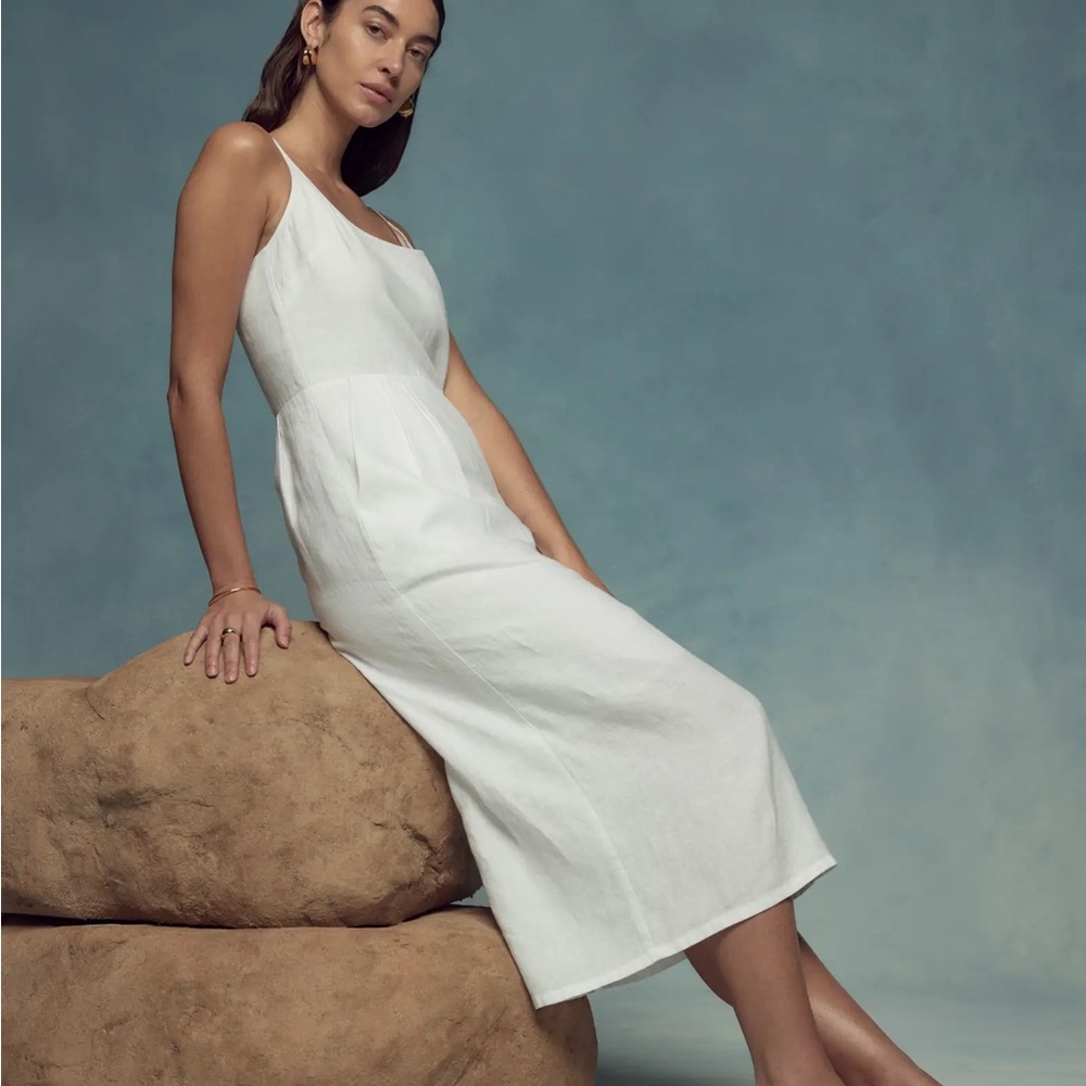 Quince White 100% European Linen Scoop Neck Midi Dress